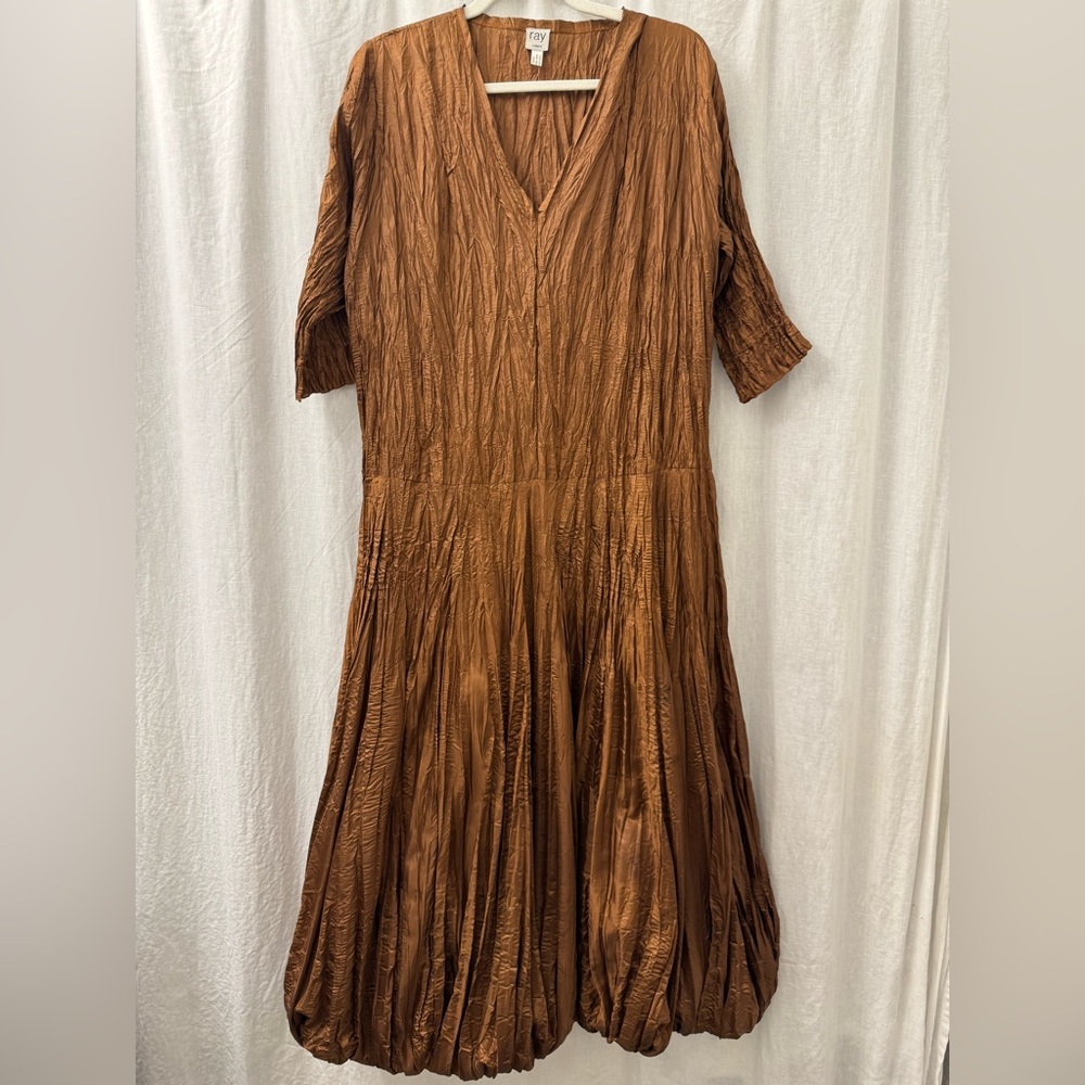 RAY HARRIS London Bubble Hem Maxi Dress Shimmer Brown V-Neck Plisse Crinkle O/S